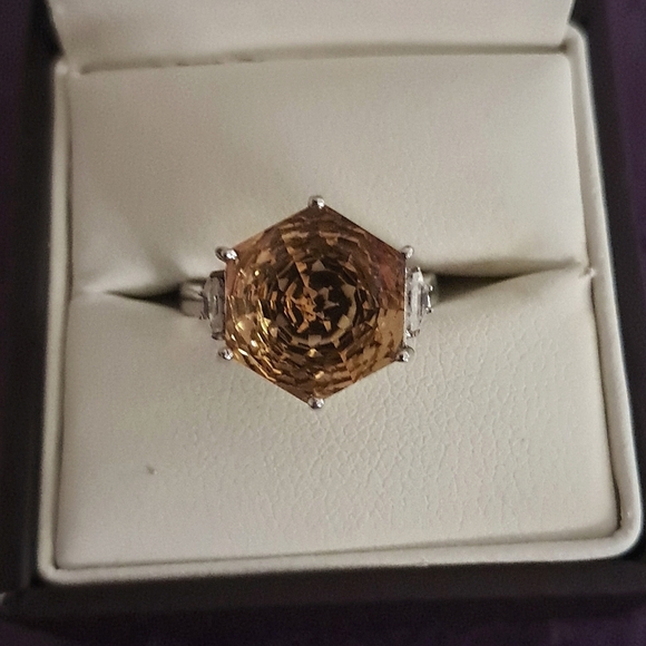 Citrine Hexagon Shape Ring In Platinum Over 925 Sterling Silver - Picture 1 of 6